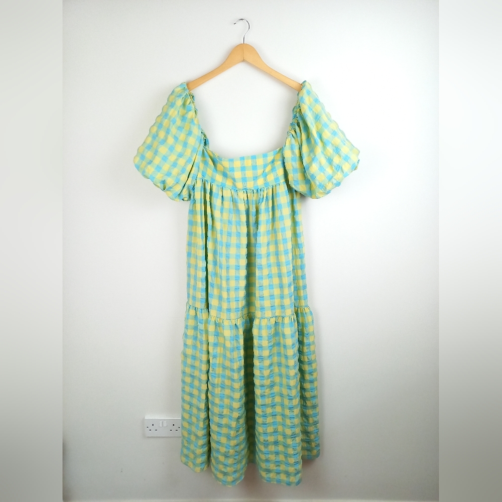 Zara Long Check Print Dress Panelled Puff Sleeve Green Yellow Blue - Medium - Picture 4 of 11